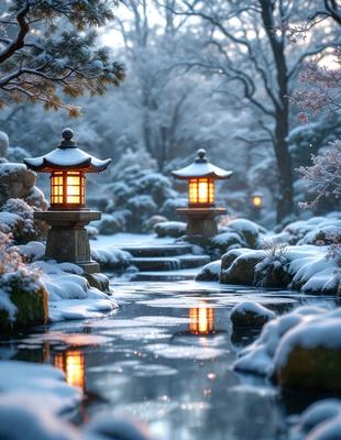 The primary subject of the image is a small waterfall with two lit lanterns on either side of it. The setting is a snowy landscape, with the waterfall surrounded by snow-covered rocks and trees. The visual style is a combination of a photo and digital art, creating a serene and peaceful atmosphere. The colors are predominantly white, with the lanterns providing a warm glow against the snowy backdrop.